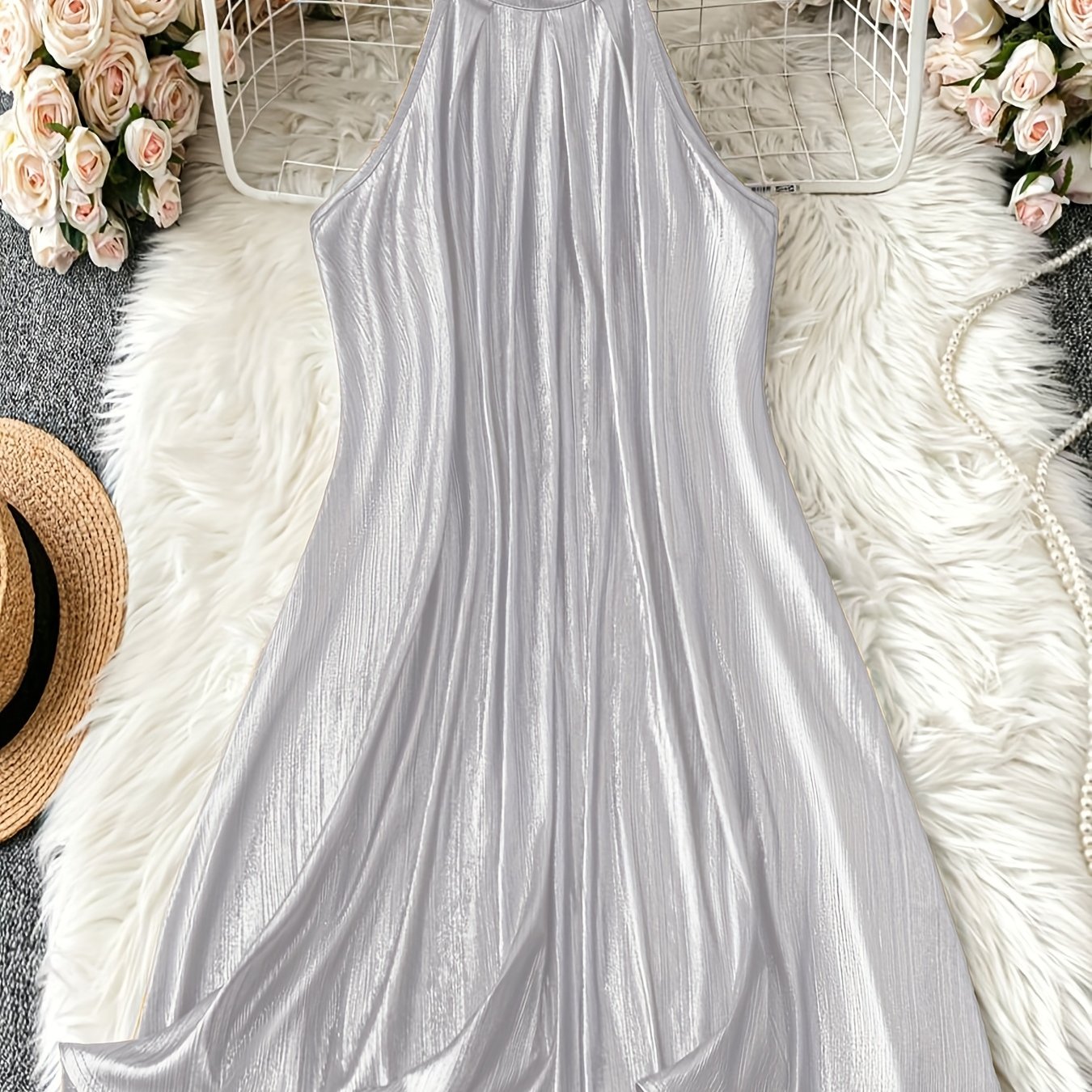 Women'S Golden Metallic Halter Neck Dress, Sleeveless Pleated A-Line Swing Dress for Cocktail Party Evening Formal Wear