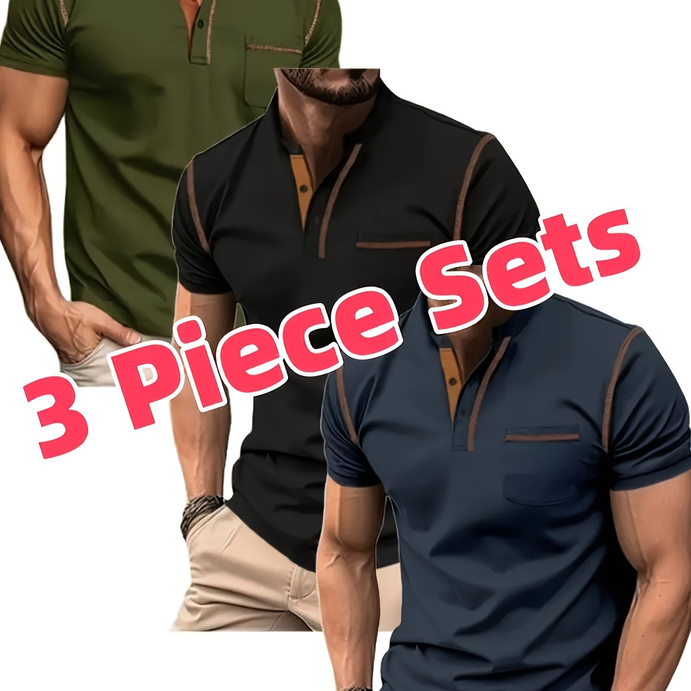 3pcs Men's Slim-Fit Golf & Tennis Shirts Breathable Stretchy Short Sleeve Contrast Collar All-Season Non-Sheer Sportswear Set