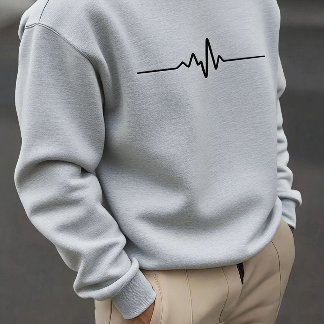 Men's Crewneck Sweatshirt - Dark Charcoal Gray with Heartbeat Graphic, Stretchy Long Sleeve Pullover for Everyday & Formal Wear, Machine Washable Winter Sweater for Cool Weather Layering, Cute Sweatshirts