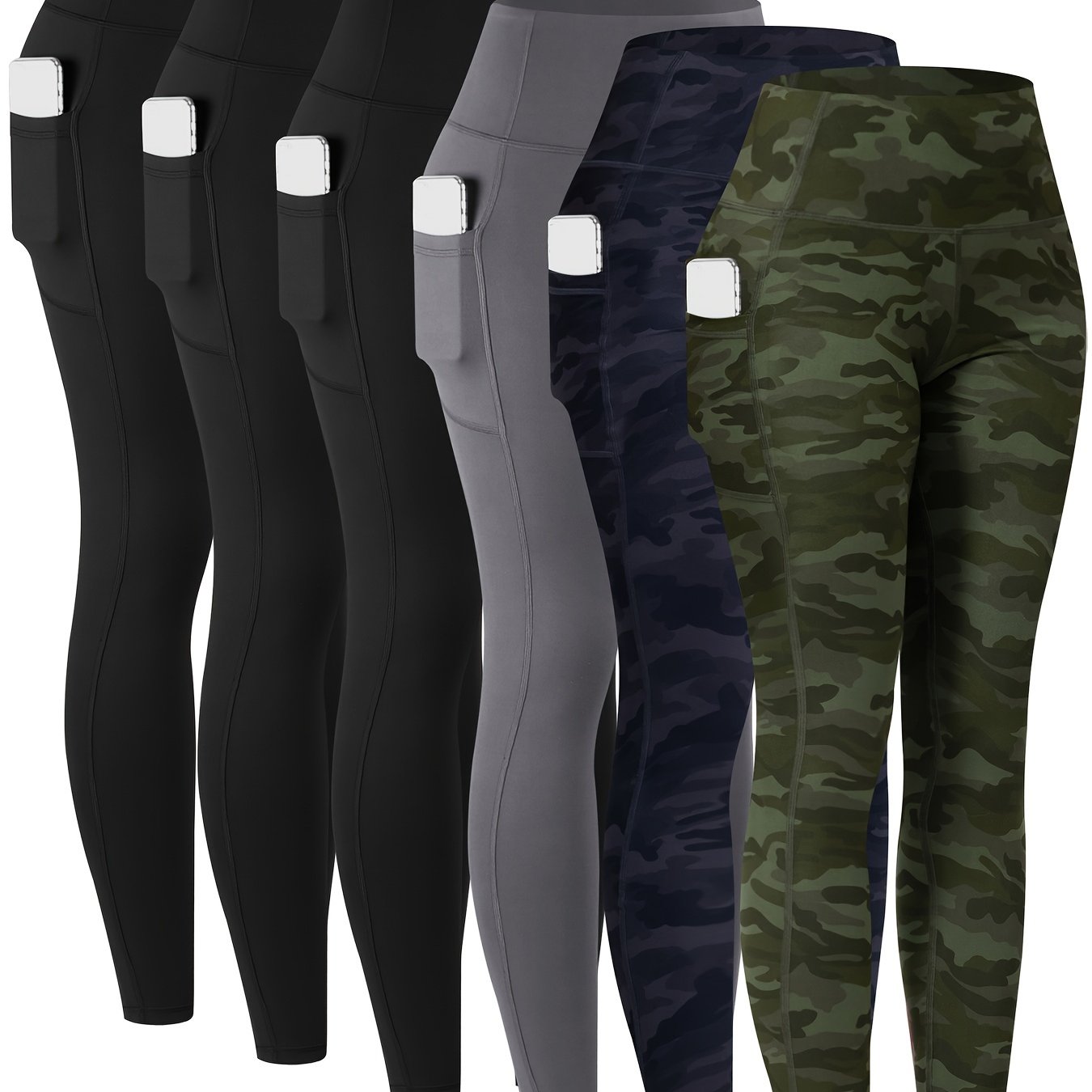 6pcs Women's High-Waisted Leggings - Non-See-Through Pants with Side Pockets, Stretchy All-Season & Casual Pants, Machine Washable Everyday Pants for Women, Leggings for Women, Leggings with Pockets, Womens Leggings, Women Le