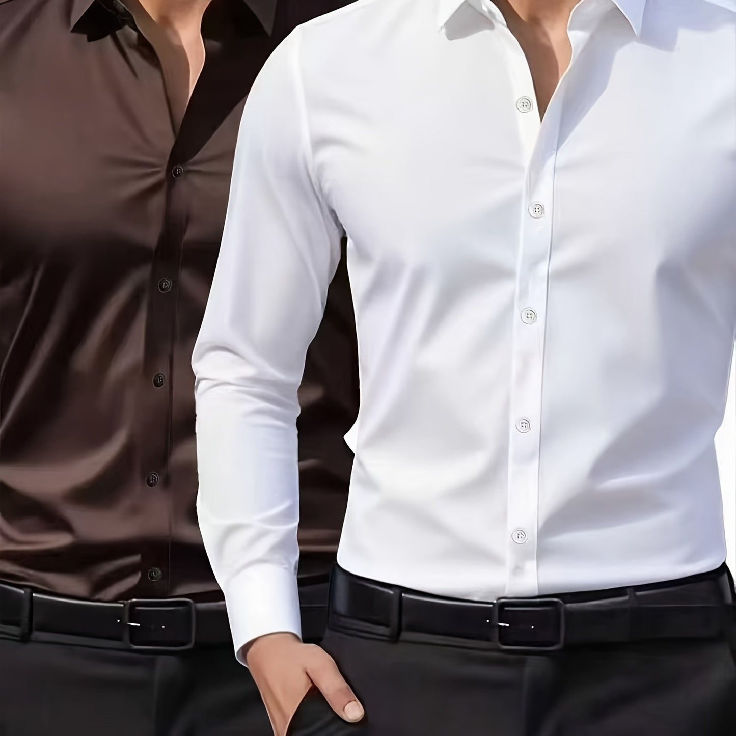 Men'S Formal & Business Casual Long Sleeve Shirt - Classic Point Collar Button-Up Blouse, Loose Fit Non-Stretch Fabric, All-Season Office & Everyday Formal Attire in Classic Colors (White, Brown, Black) - Easy Care Profession