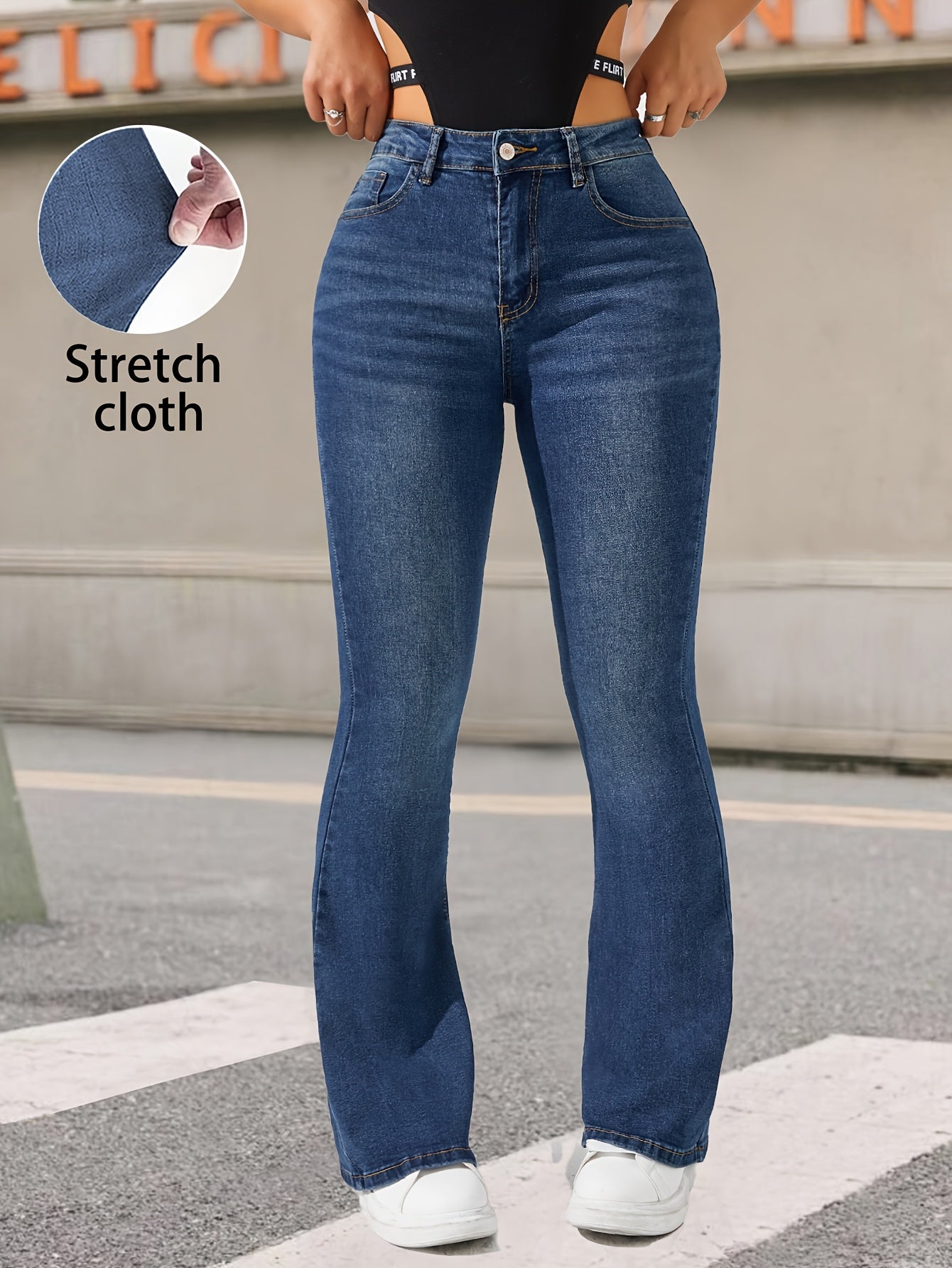 Fashionable And Versatile Blue High-Waisted Stretchy Flared Pants for Women with Cat Whiskers Design.