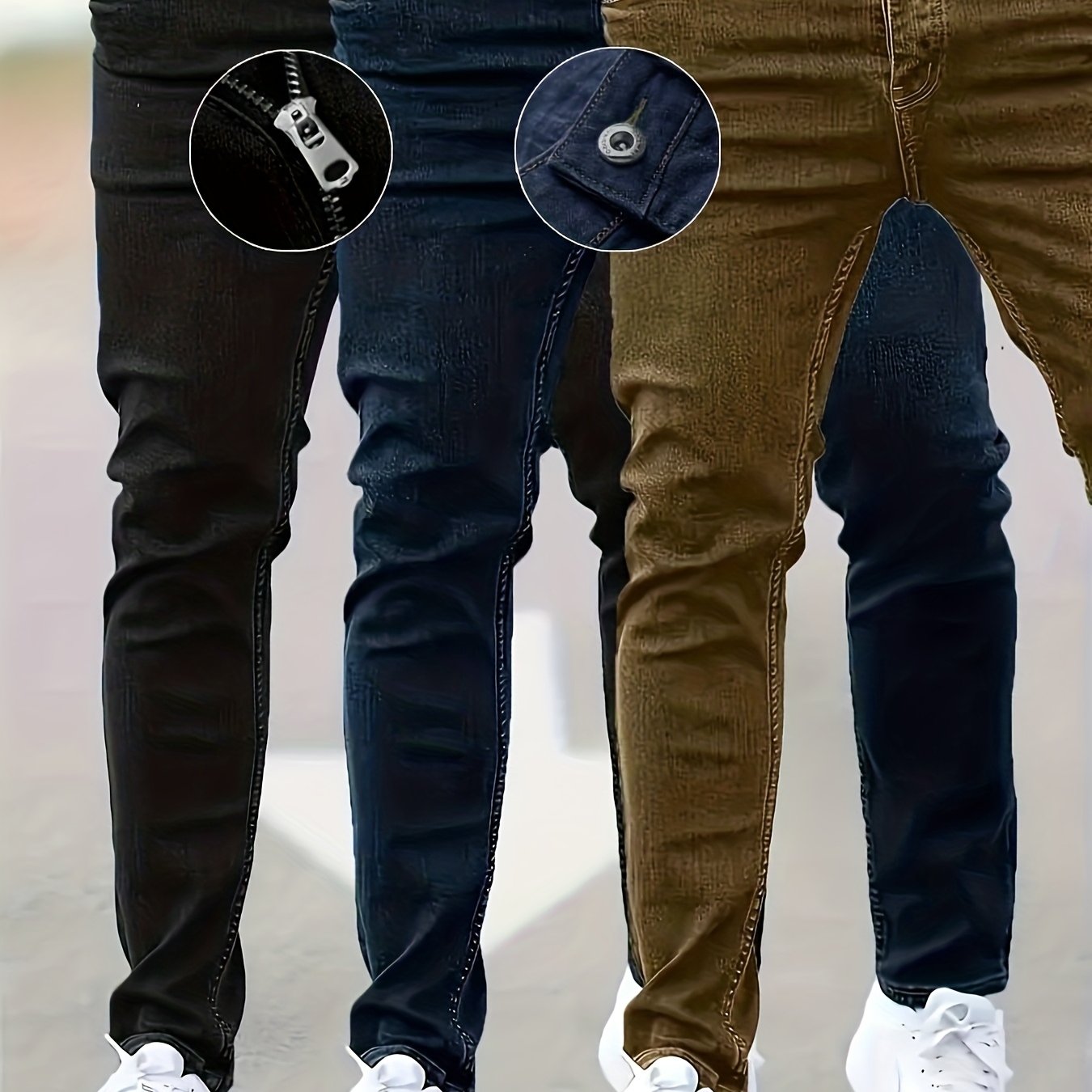 3 Packs - Cost-effective Men's Jeans - Street Style Trendy Slim Fit Men's Jeans - Wearable In All Seasons, Casual Wear Bottoms, Daily Outfit Essential, Regular Length Jeans, Solid Color Jeans, Street Style Enthusiasts, Budget