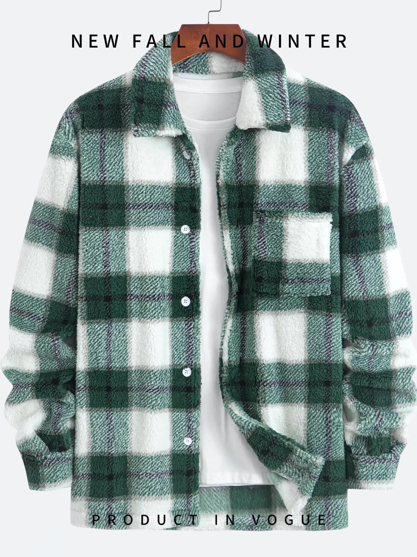 1pc Men's Plush Fleece Jacket with Green/White/Black Plaid Pattern - Double-Sided Collar & Lapel, Button-Front Closure, Regular Fit Long Sleeve Coat for Autumn/Winter, Casual & Semi-Formal Wear (Hand Washable)