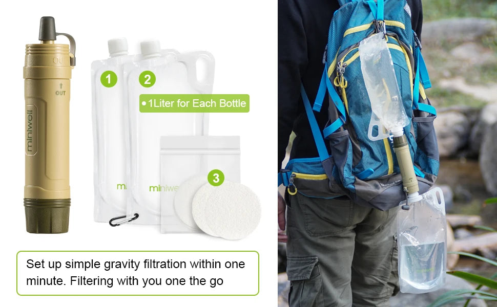 Miniwell Portable Water Filter 0.1 Micron UF Carbon Activated Coconut Shell Emergency Outdoor Camping Hiking Survival Filter