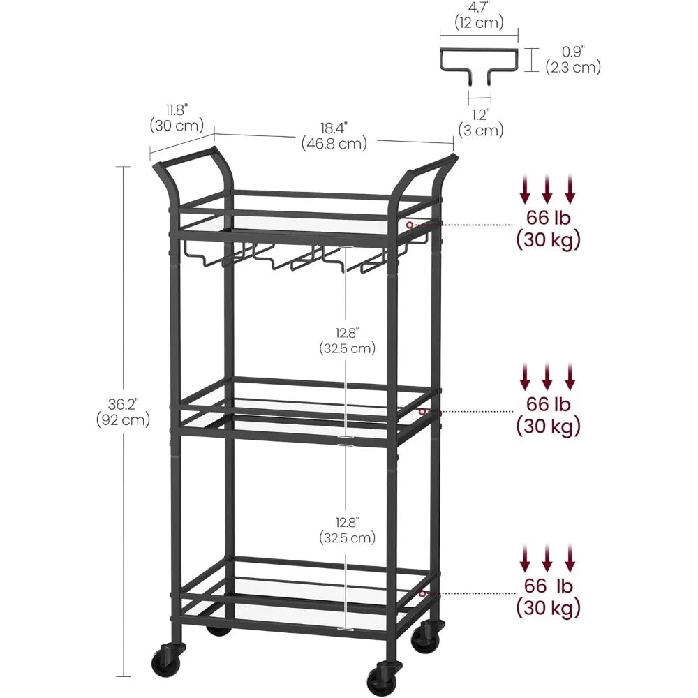 VASAGLE Small Bar Cart with 3-Tier Shelf, Wine & Glass Holders, Mini Bar Cart for Small Spaces, Kitchen, Dining Room, Living Room.