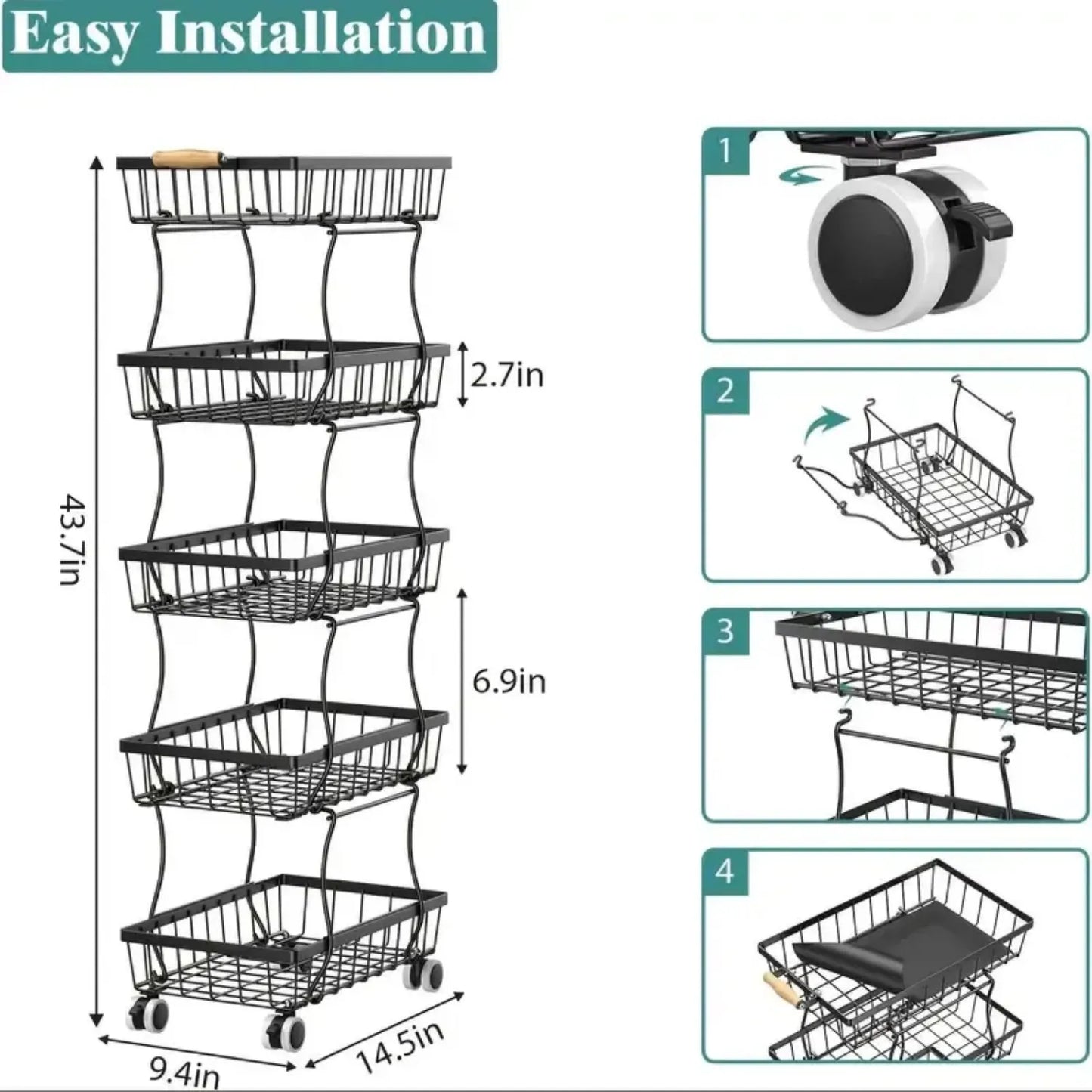 4-Tier Stackable Metal Vegetable Storage Rack - 4 Spacious Baskets, Caster Wheels for Kitchen/Pantry Organization
