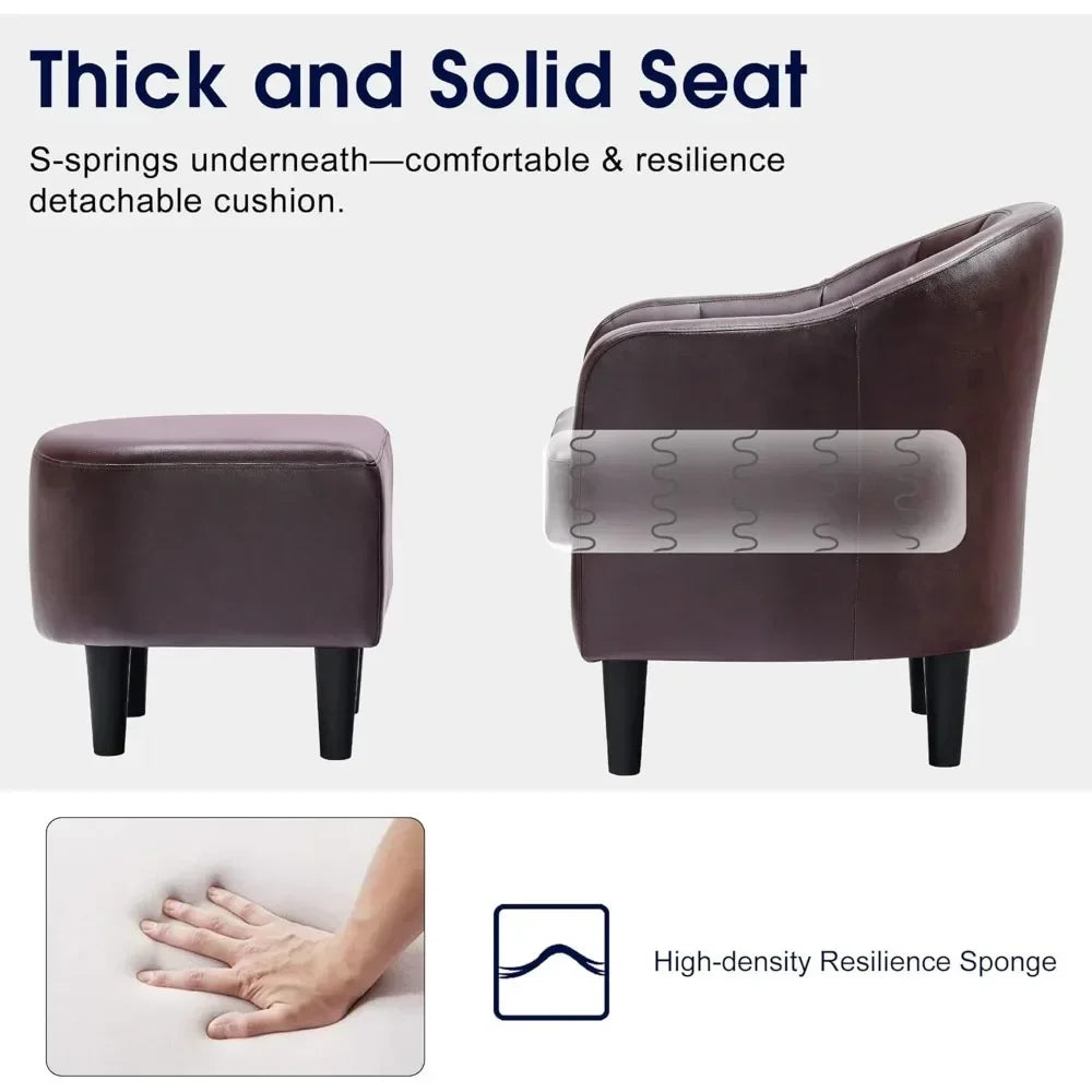 Accent Chair with Ottoman, Faux Leather Barrel Armchair