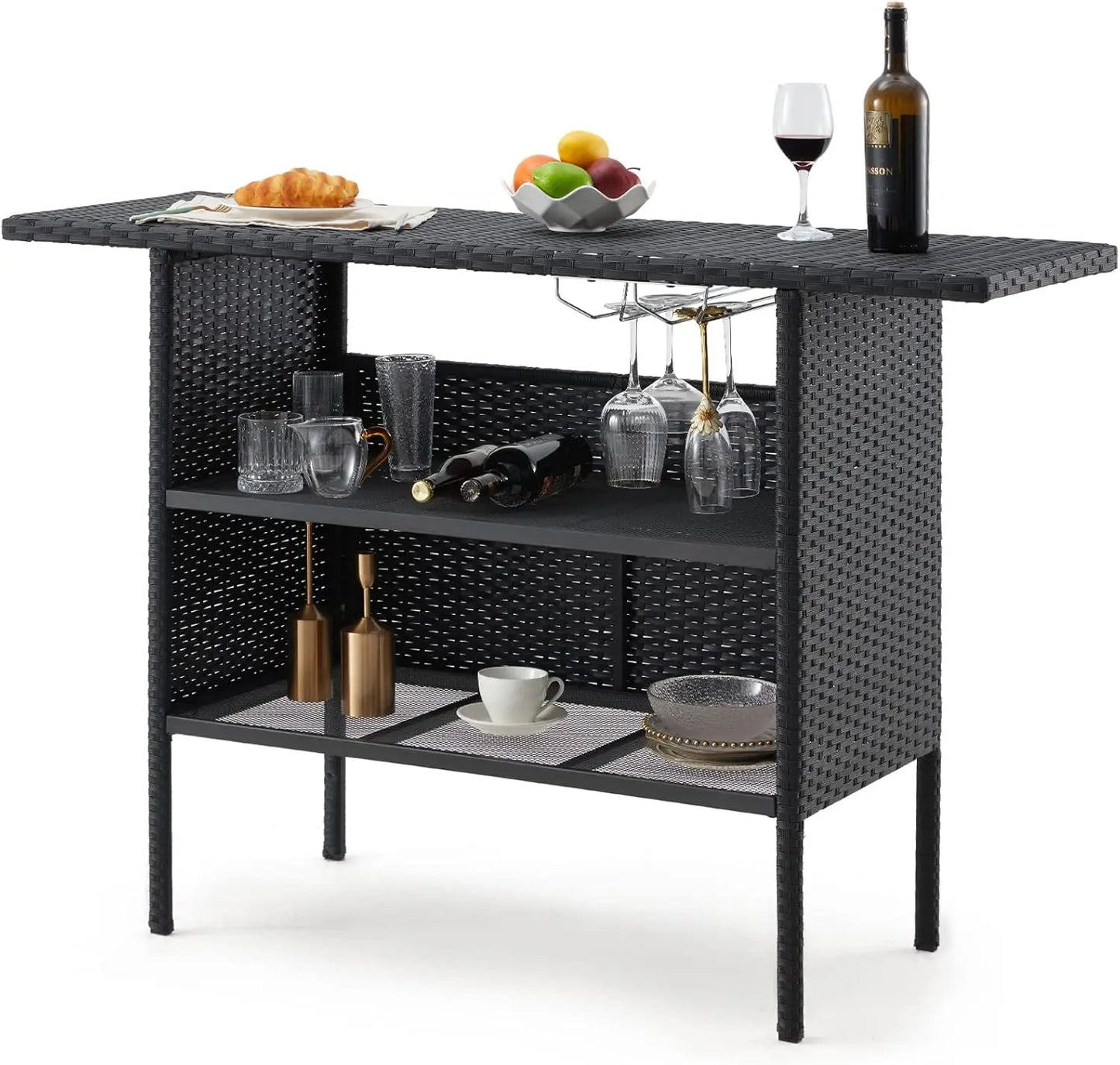 Outdoor Patio Wicker Bar Counter Table with Steel Shelves