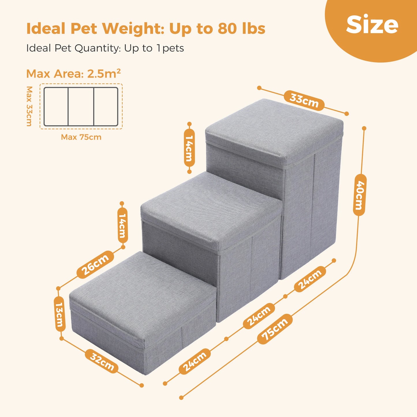 3-Tier Foldable Dog Stairs with Storage Adjustable Height Non-Slip Pet Steps for Small Old Dogs And Cats Brown/Grey/Dark Grey