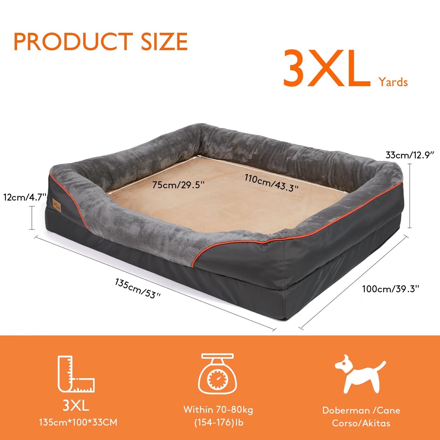 Super Soft Orthopedic Dog Bed L XL 2XL 3XL Cotton Padded Bolster Removable Cover Waterproof Pet Sleeping Mat Solid Color