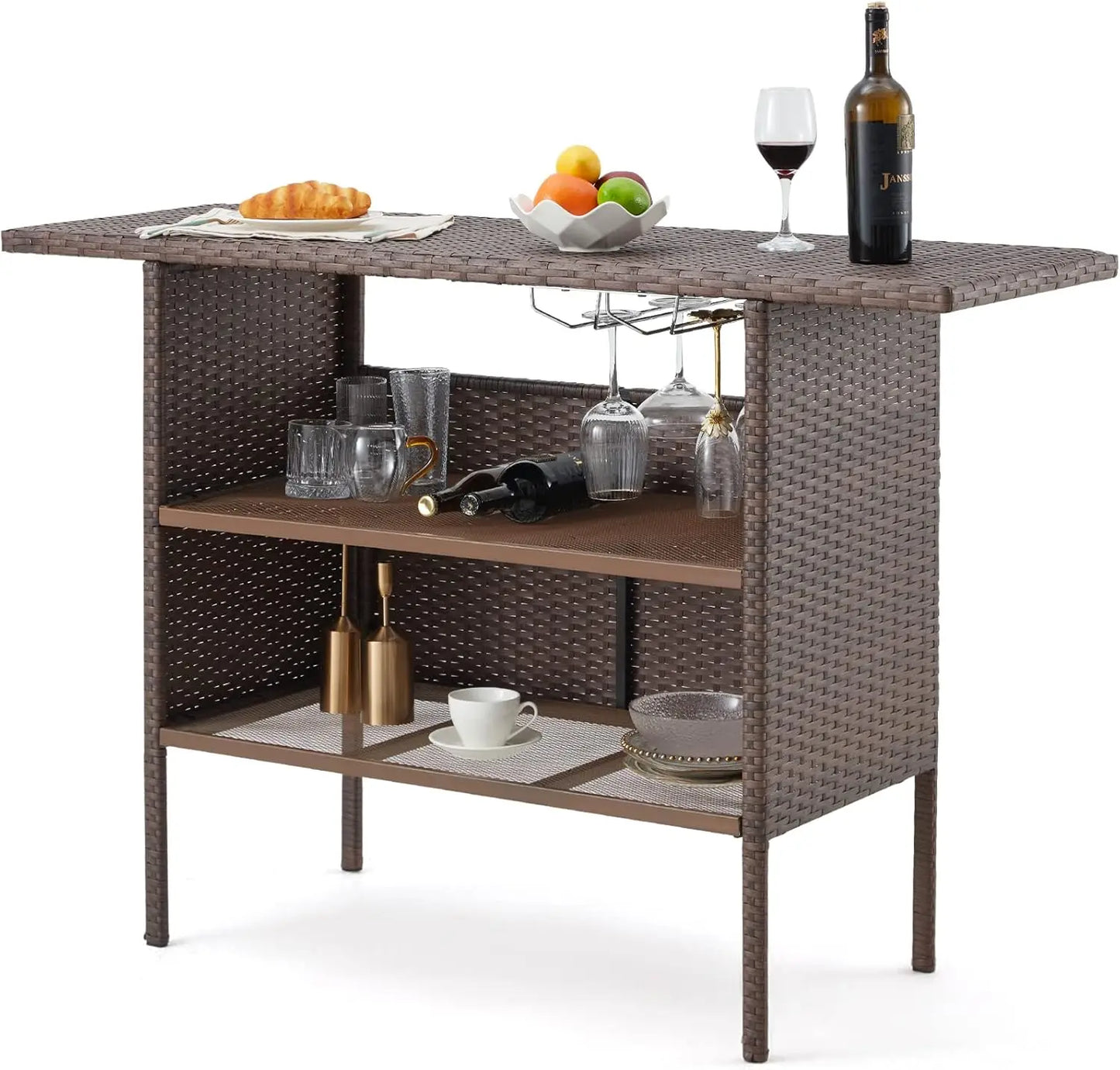 Outdoor Patio Wicker Bar Counter Table with Steel Shelves