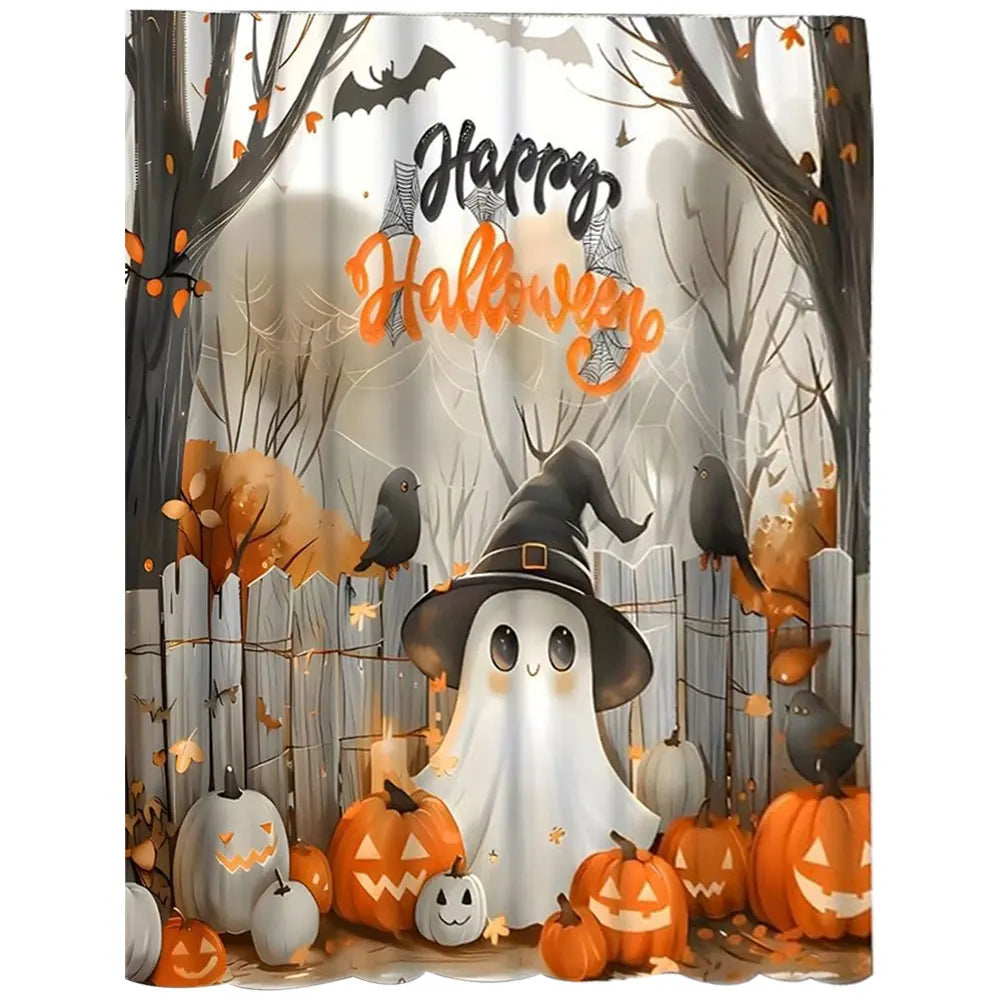 Cute Cartoon Ghost Shower Curtain Set Halloween Bathroom Curtain Washable Spooky Bathroom Curtain with Hooks for Bathroom Decor