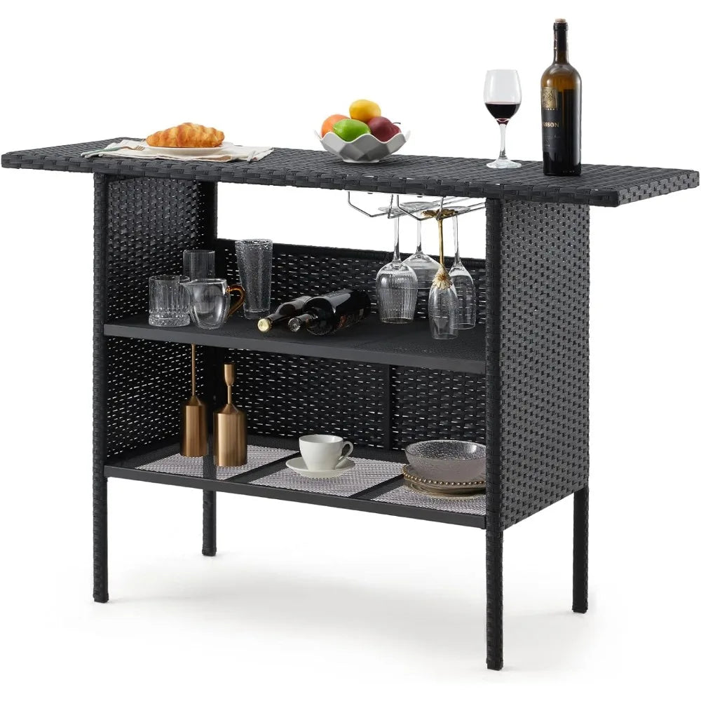 Outdoor Patio Wicker Bar Counter Table with Steel Shelves