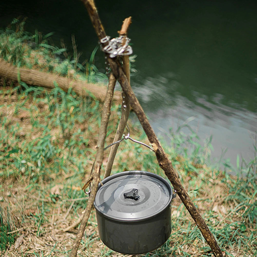 Cooking Pot Pan Tripod Mount Stainless Steel Camping Tripod Hanging Pot Bracket with Leather Storage Bag for Hiking and Bushcraft