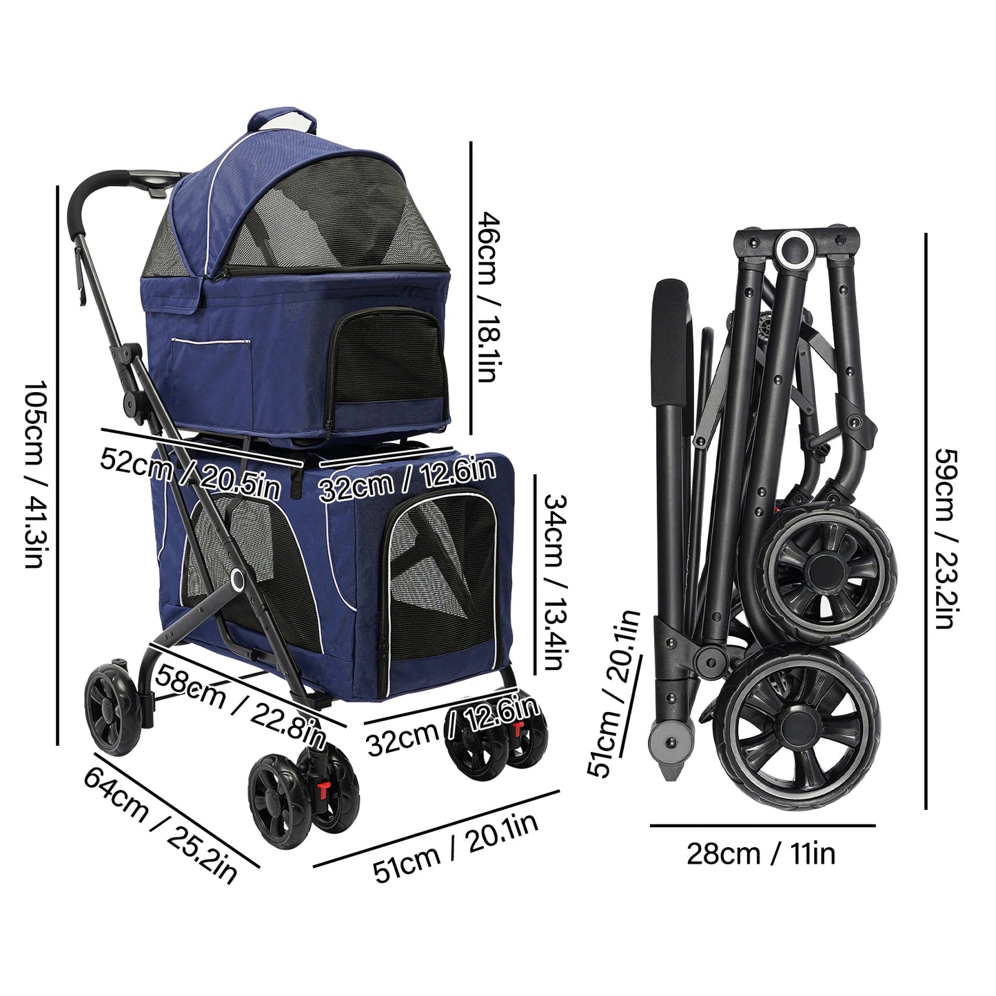 Foldable Pet Stroller Double Dog Cat Carrier with Storage Basket Travel Camping Iron Oxford Cloth Dog Travel Stroller for All Breeds