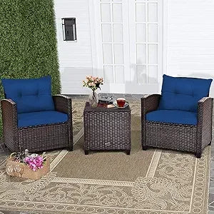 3 Piece Patio Furniture Set, Wicker Bistro Conversation Set w/ 2 Cushioned Armchairs & Glass Topped Table, Outdoor Rattan Sofa