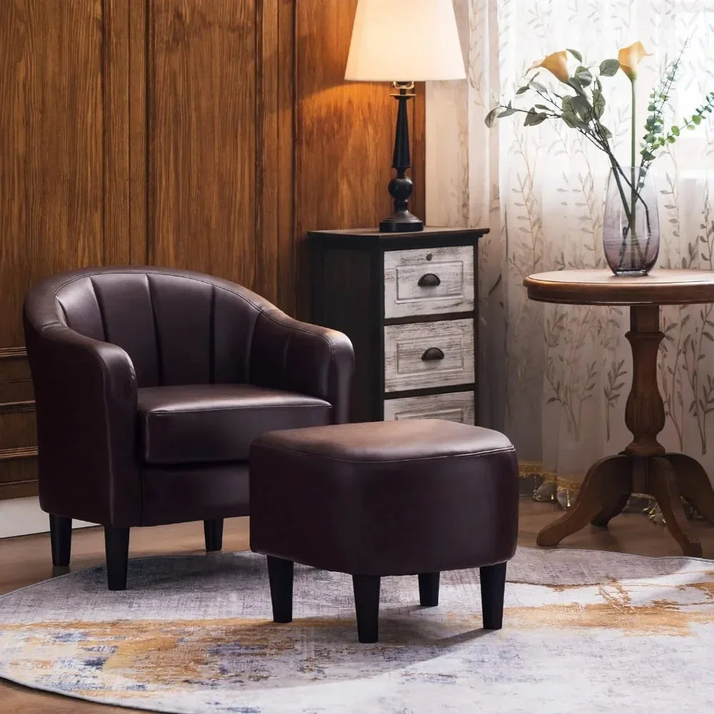 Accent Chair with Ottoman, Faux Leather Barrel Armchair