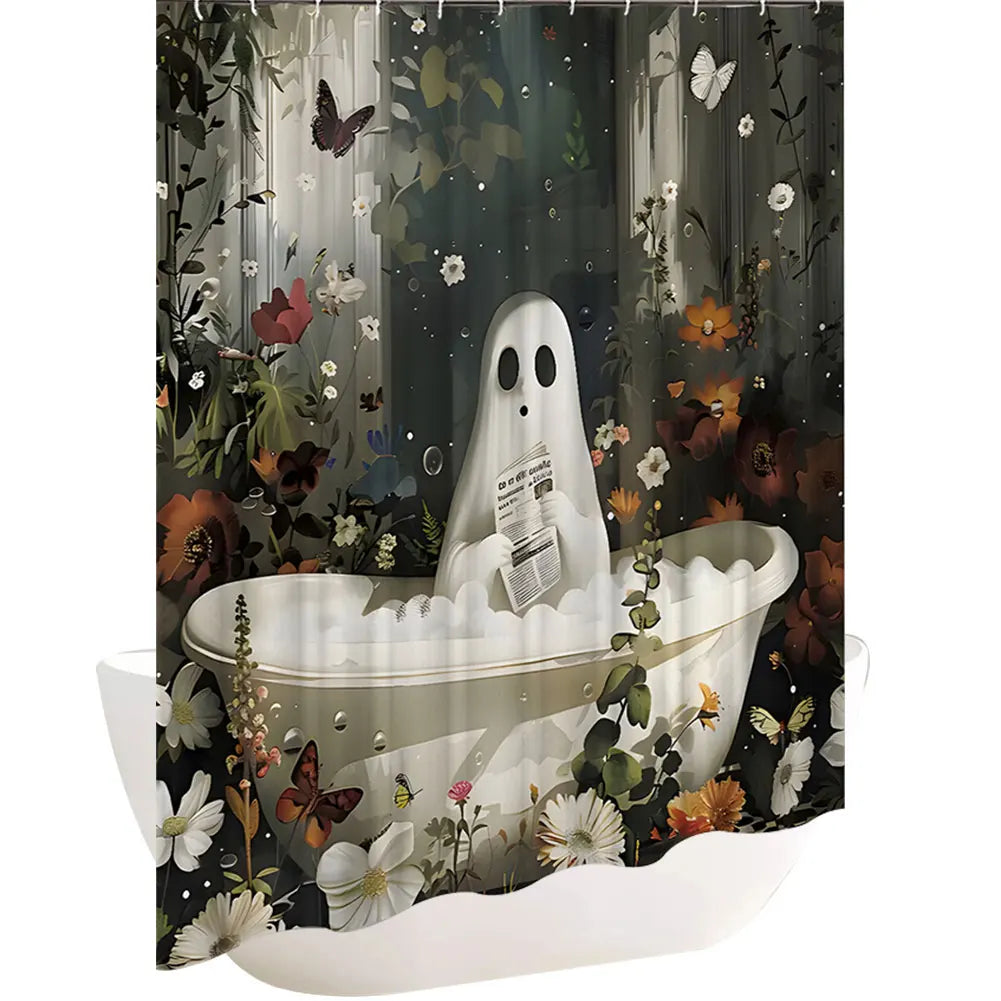 Cute Cartoon Ghost Shower Curtain Set Halloween Bathroom Curtain Washable Spooky Bathroom Curtain with Hooks for Bathroom Decor