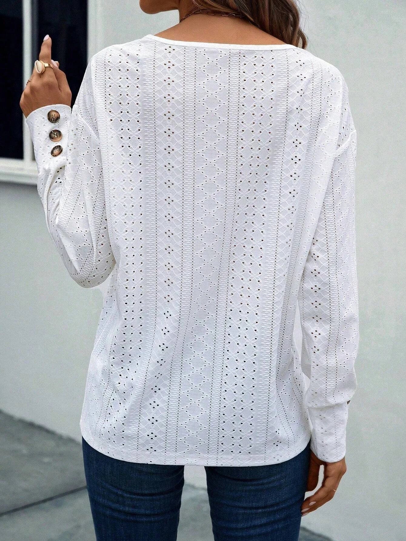 Woman Clothes White V-Neck Long Sleeve T Shirt  Hollow Button Blouse Simple Elegant Autumn Office Lady Tops Woman