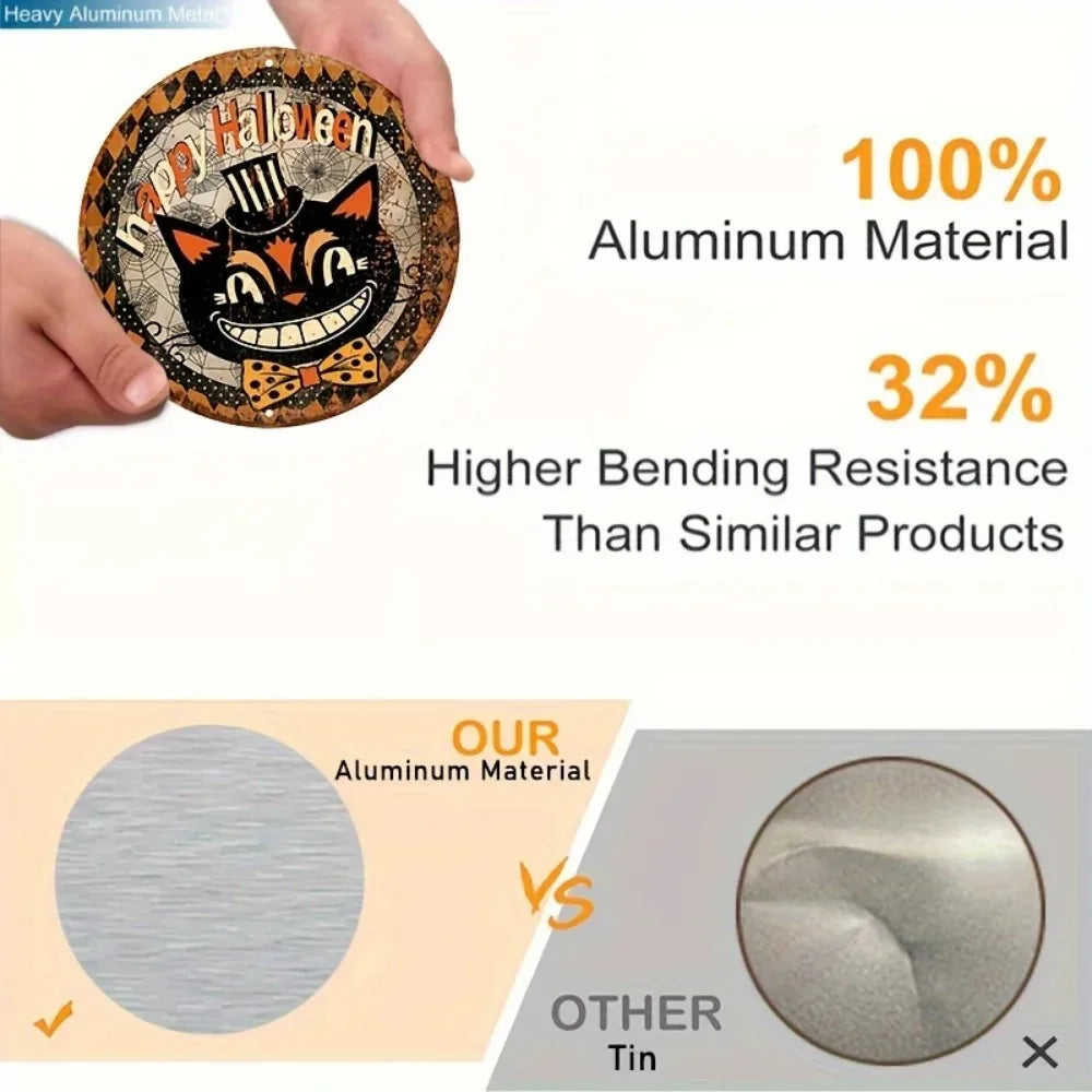 Tin Painting - 8"x8" Round Aluminum Quirky Happy Halloween Sign | Black Cat Wreath Design for Home, Kitchen