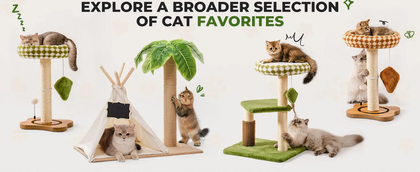 MEWOOFUN 60cm Tall Cats Scratching Post Teepee with Simulated Leaves Wooden Cat Tree Pet Bed Tent Indoor Play House for Cats