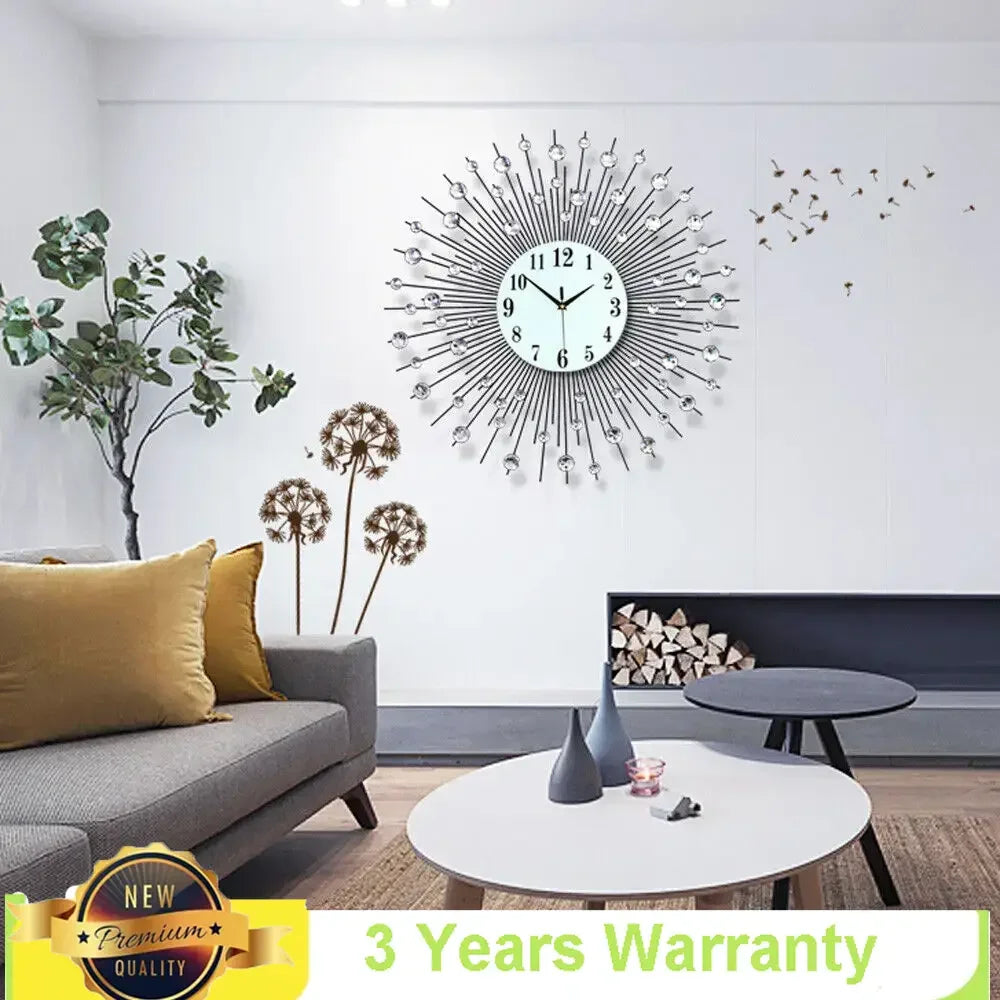 3D Large Metal Sunburst Wall Clock Luxury Battery Operated Modern Round Diamond Art 60x60cm Home Decor