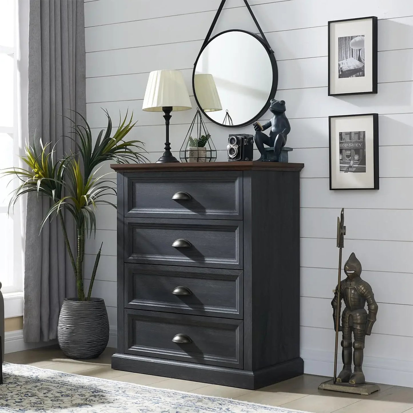 Farmhouse Dresser for Bedroom with 5 Drawers, 34" Tall Bedroom Dresser, Wood Rustic Chest of Drawers Organizer Storage