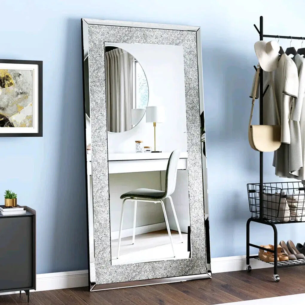 LUVODI Large Silver Sparkly Crystal Rhinestone Frameless Wall Mounted Dressing Mirror for Home and Hotel