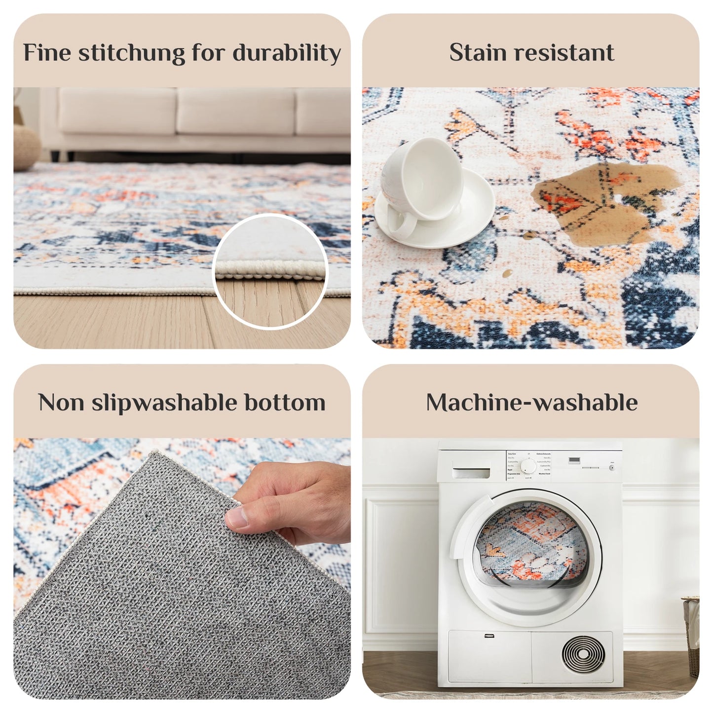 Orhopui Vintage Boho Design Washable Area Rugs Non-Slip