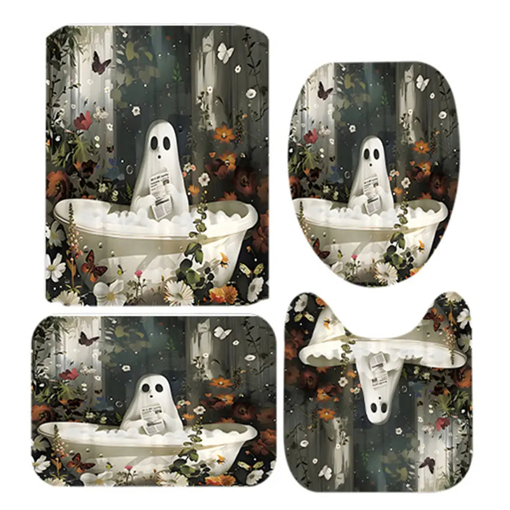 Cute Cartoon Ghost Shower Curtain Set Halloween Bathroom Curtain Washable Spooky Bathroom Curtain with Hooks for Bathroom Decor