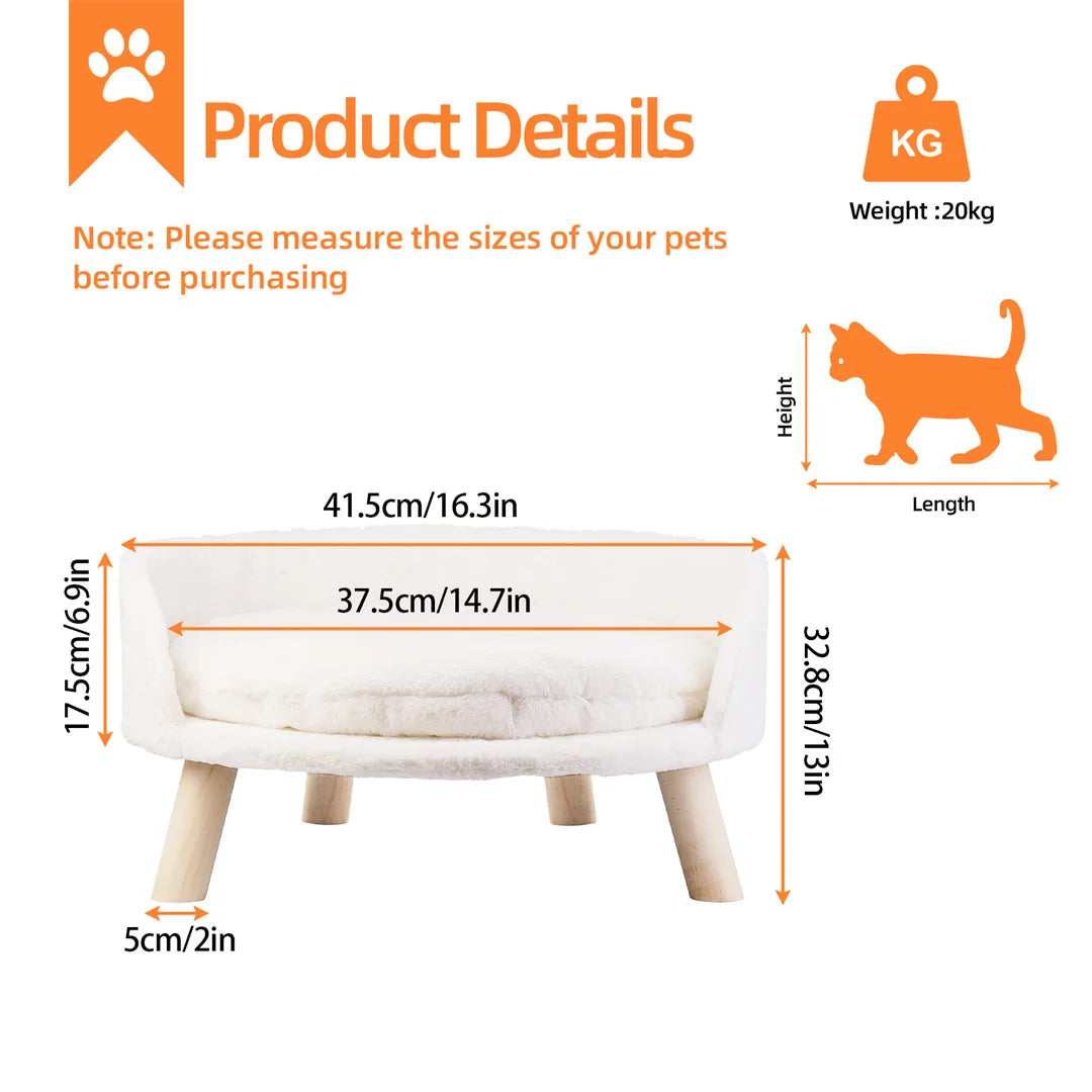 Luxury Soft Warm Plush Pet Bed Nesting Chair with Wood Legs And Washable Waterproof Cushion Pad for Small Pets White