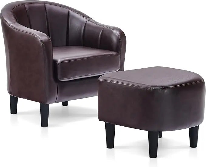 Accent Chair with Ottoman, Faux Leather Barrel Armchair