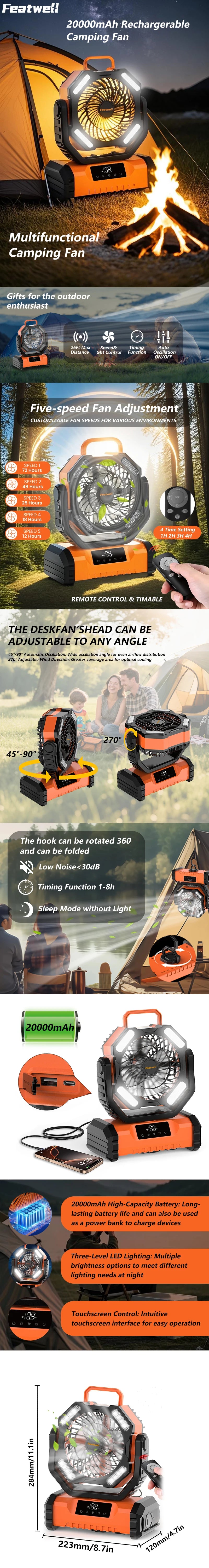 2025 New 20000mAh LED Camping Fan Portable Touch Control 5 Speed USB Rechargeable Outdoor Accessory Long Battery Life