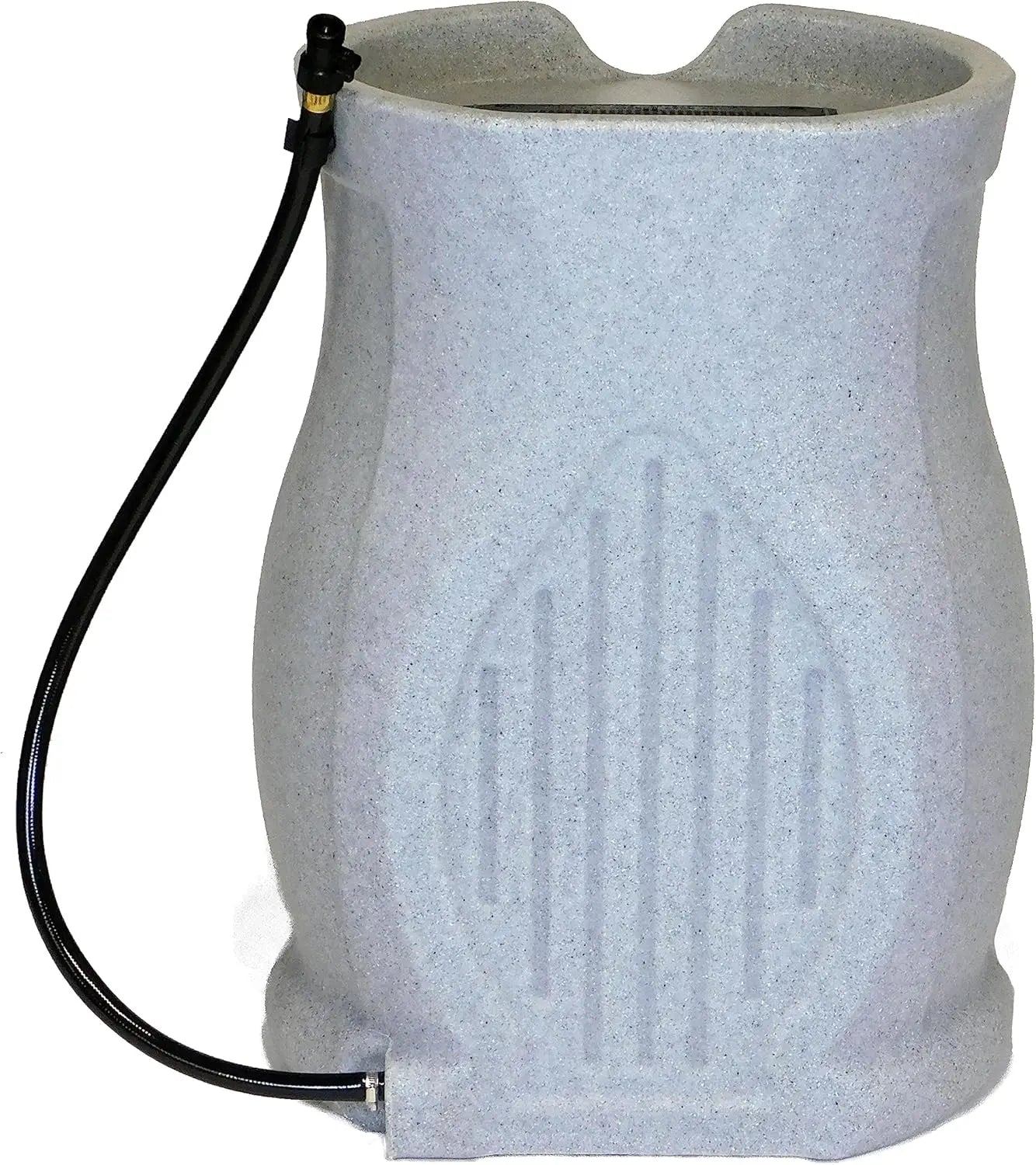 Catalina 45 Gallon BPA Free Rain Barrel with Fixed Lid and 3.5 Foot Garden Hose Flat Back Design for Water Conservation in Light Granite