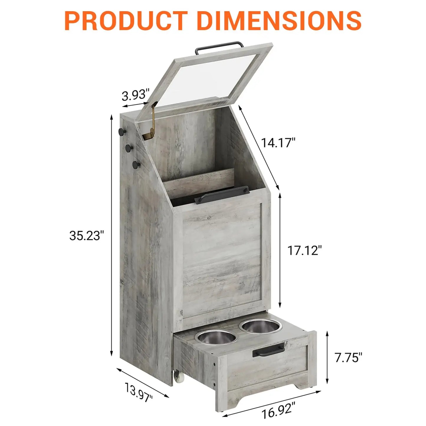 Large Dog Food Storage Cabinet with Flip Top - Pet Feeding Station & Organizer w/Transparent Lid, Side Hooks for Leashes etc.