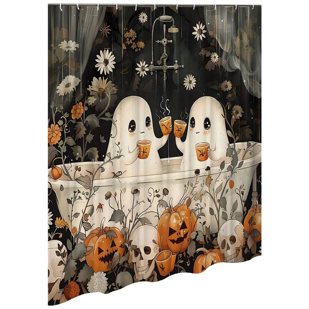 Cute Cartoon Ghost Shower Curtain Set Halloween Bathroom Curtain Washable Spooky Bathroom Curtain with Hooks for Bathroom Decor
