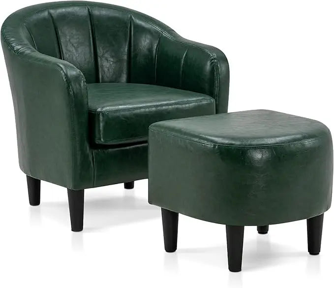 Accent Chair with Ottoman, Faux Leather Barrel Armchair