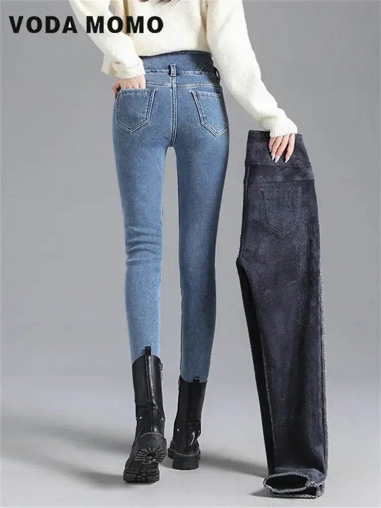 Winter Korean stytle Casual Jeans high waist Thick Fleece High-waist Warm Skinny Jeans Thick Women Stretch Harajuku Pencil Pants