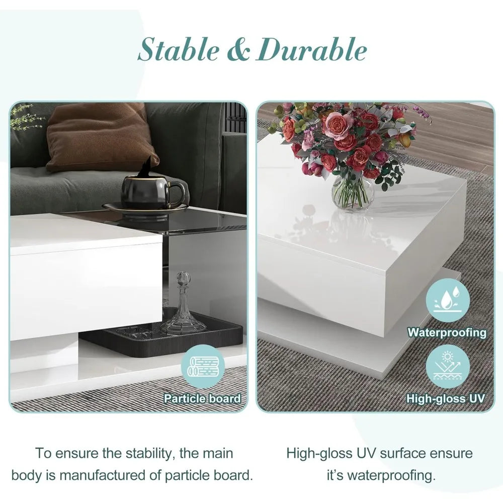 Modern Coffee Table with Tempered Glass, 2-Tier Wooden Center