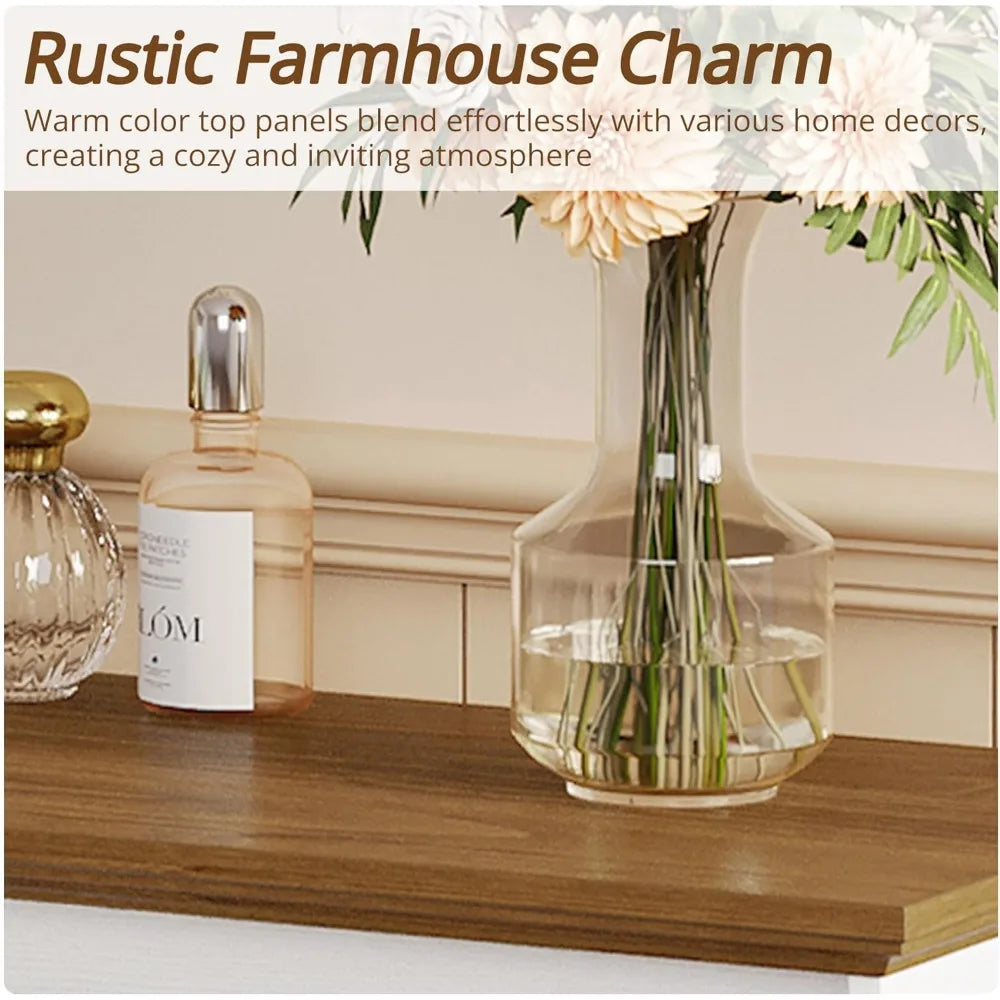 Farmhouse 6 Drawers Dresser for Bedroom, 55.1" Large Wooden Chest of Drawers with Sliding Barn Door, White/Walnut