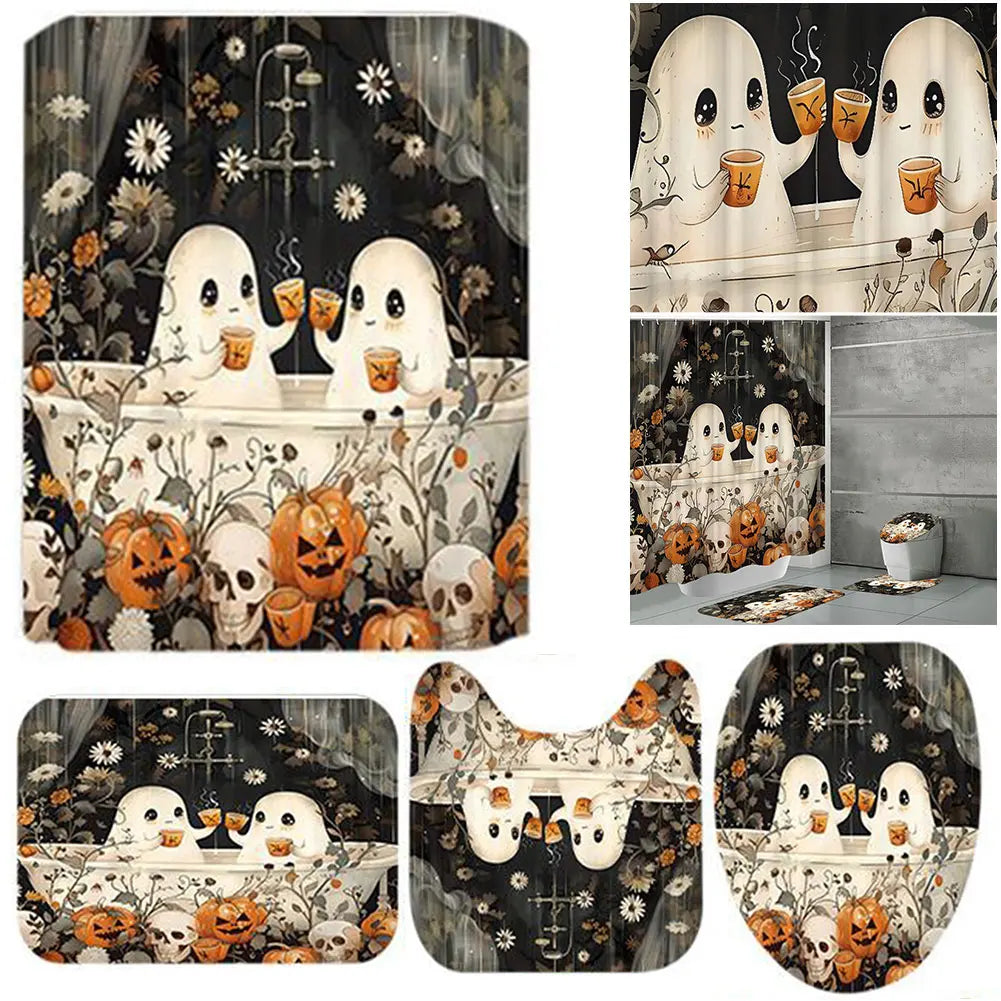 Cute Cartoon Ghost Shower Curtain Set Halloween Bathroom Curtain Washable Spooky Bathroom Curtain with Hooks for Bathroom Decor