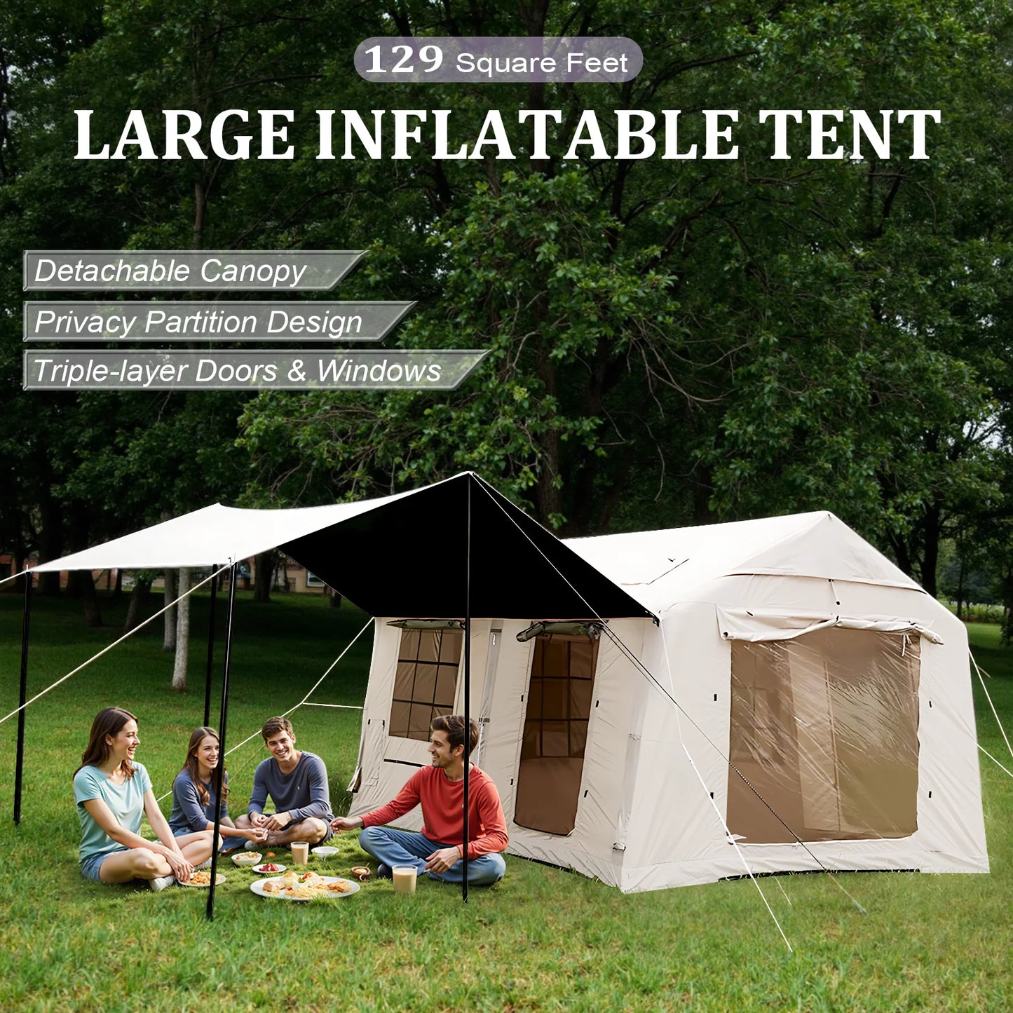 135 Square Feet Inflatable Tent with Blackout Canopy Four Season Glamping Blow Up Air Tent for Outdoor Camping