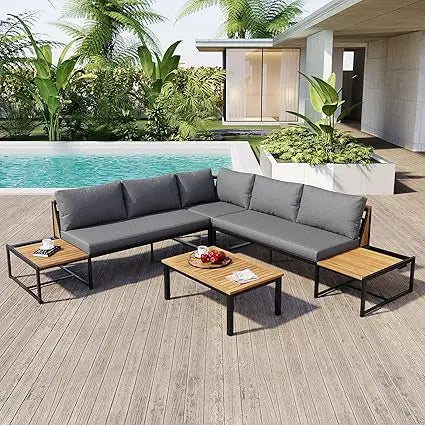 Modern Outdoor Sectional Sofa Set with Round Nesting Coffee Tables and Cushions 6 Piece Patio Furniture Set for Porch Garden Pool