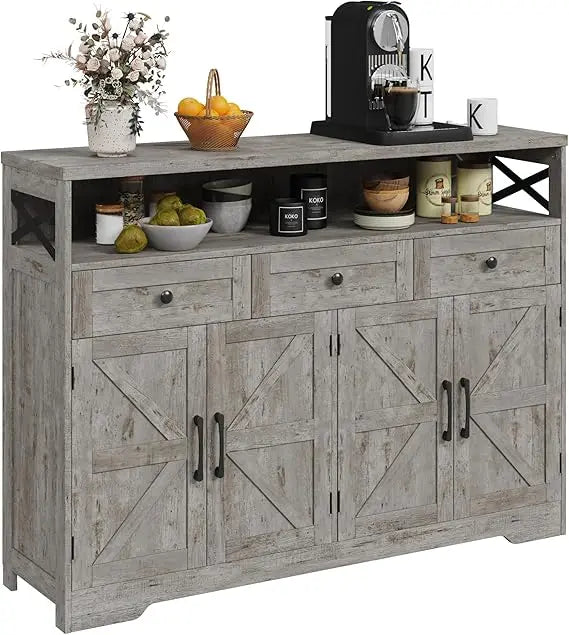 Farmhouse Buffet Cabinet with Drawers & Open Shelf Storage
