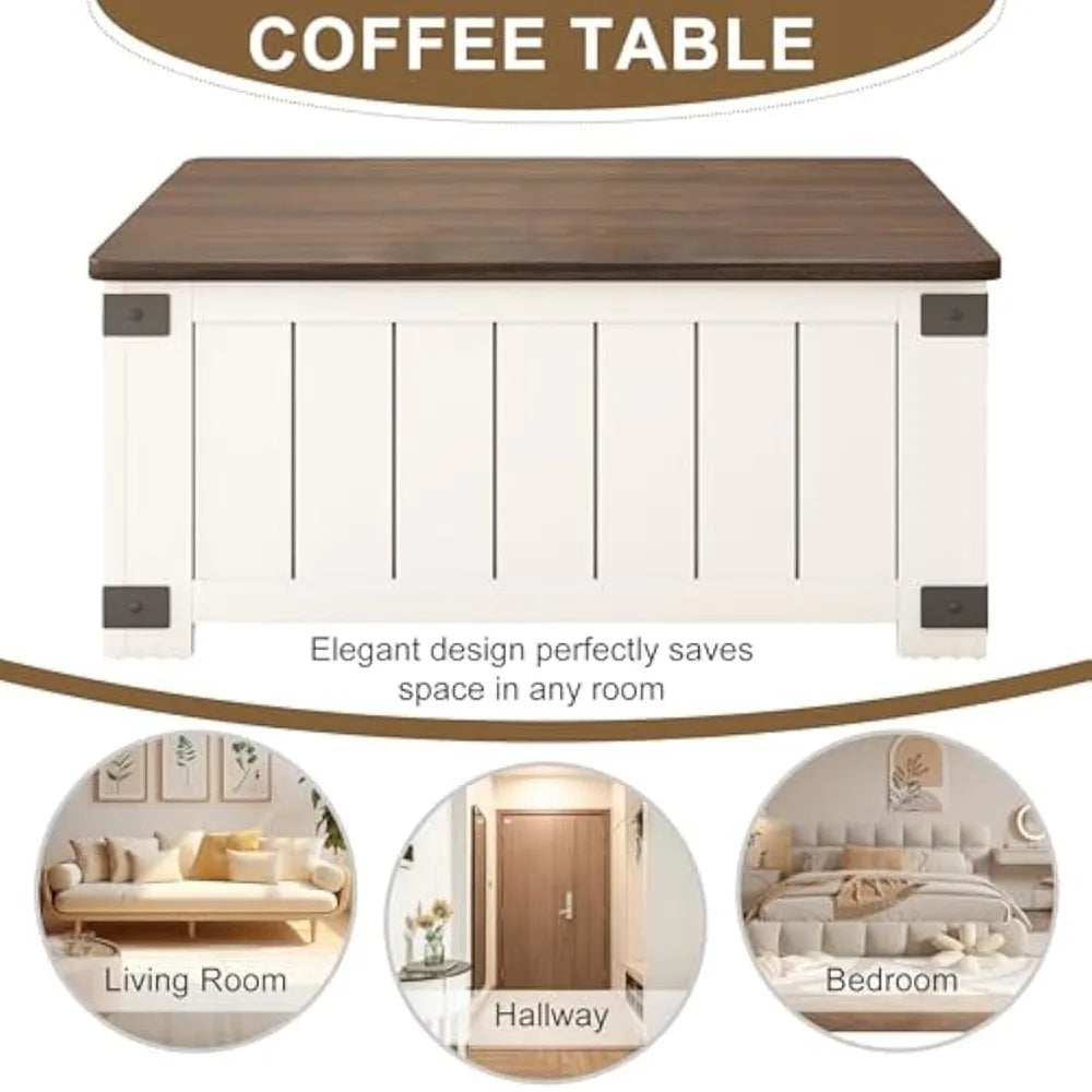 Farmhouse Lift Top Coffee Table with Storage White Wood Square Center Table with USB Ports for Living Room 35 Inch X 35 Inch X 18 Inch