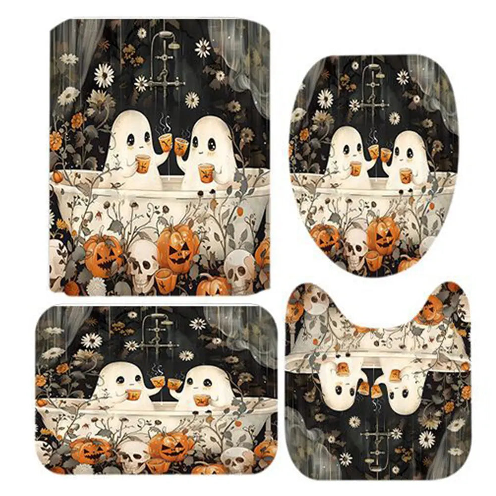 Cute Cartoon Ghost Shower Curtain Set Halloween Bathroom Curtain Washable Spooky Bathroom Curtain with Hooks for Bathroom Decor