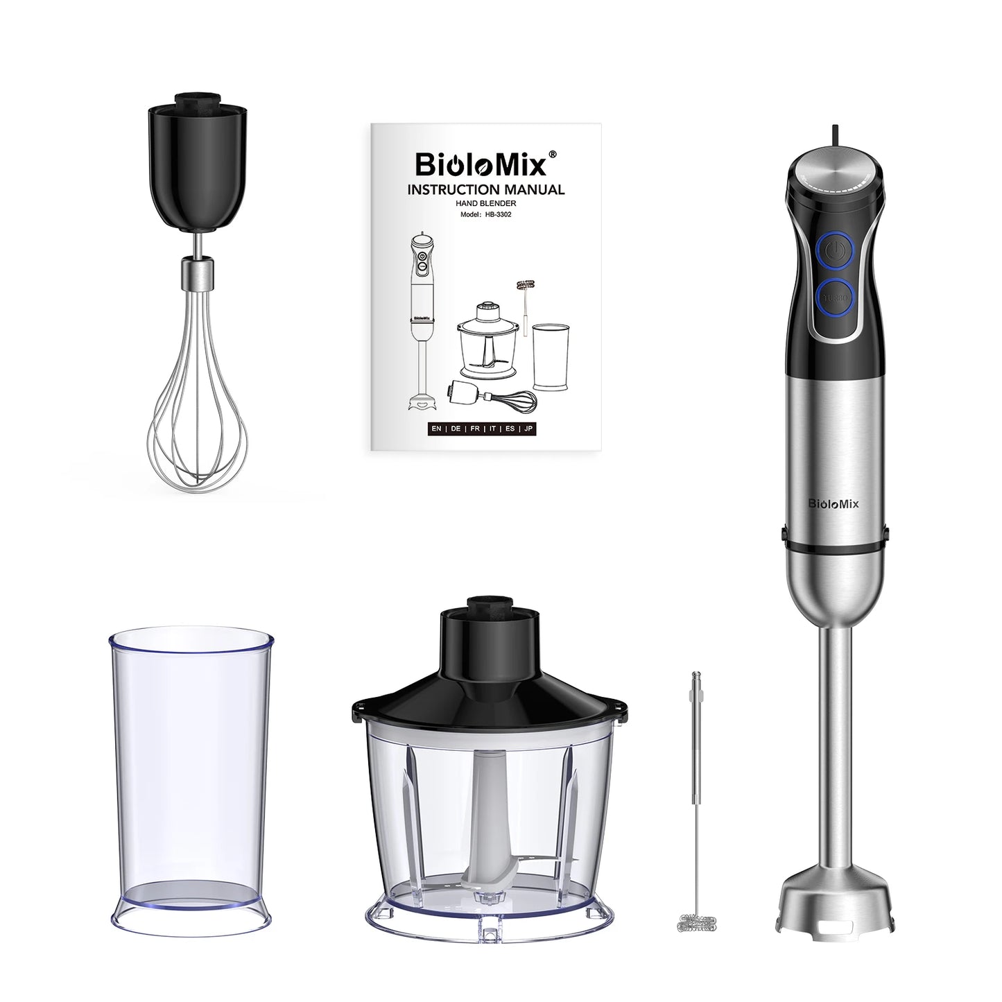 BioloMix 5 in 1 Immersion Hand Blender 1500 Watt Powerful Stainless Steel Blade Food Processor Smoothie Maker Baby Food Puree Tool