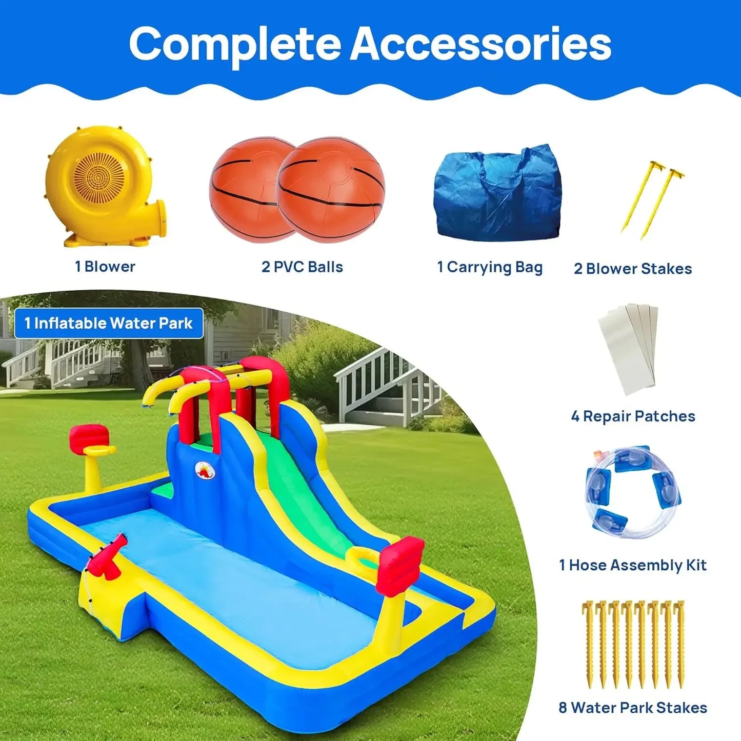 Water Park with Blower, Bouncy Castle with Water Cannon and Double Basketball Rings
