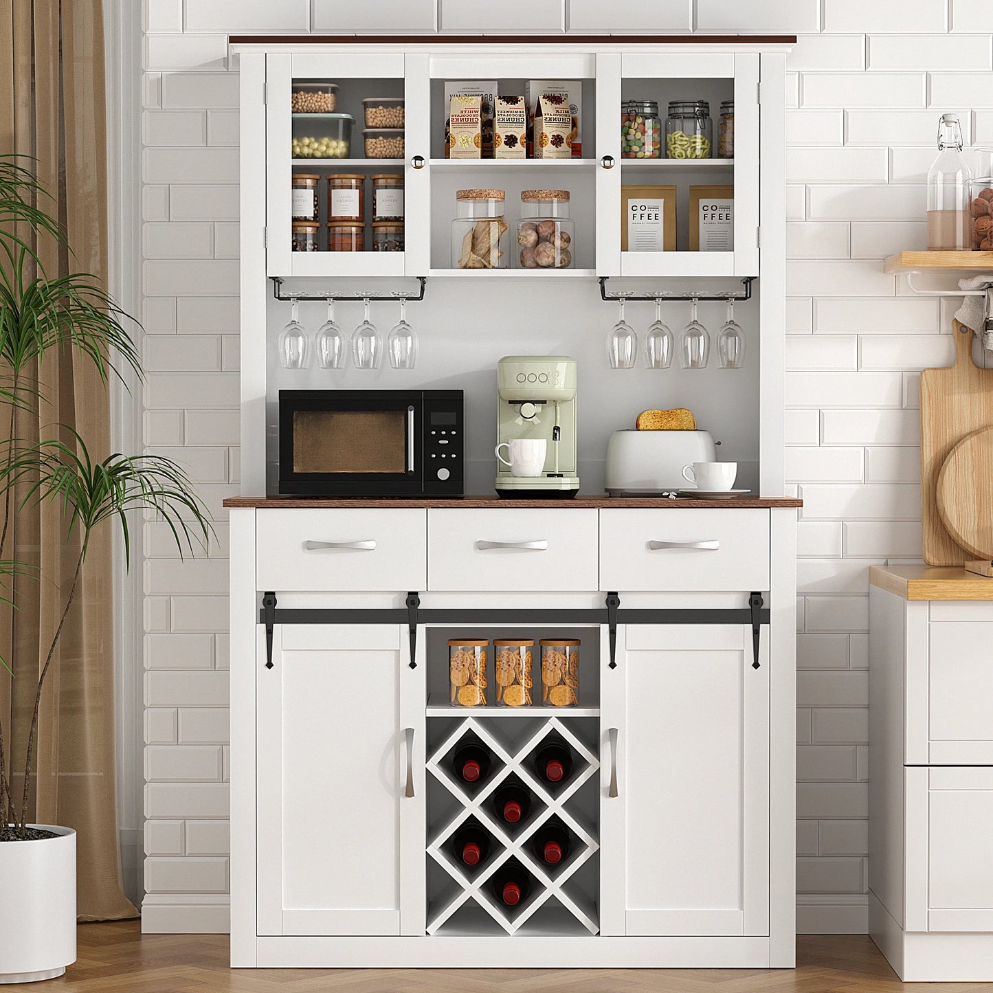 VOWNER 72" Tall Farmhouse Bar Cabinet with Sliding Barn Doors, Kitchen Pantry Storage Cabinet with Wine & Glass Racks